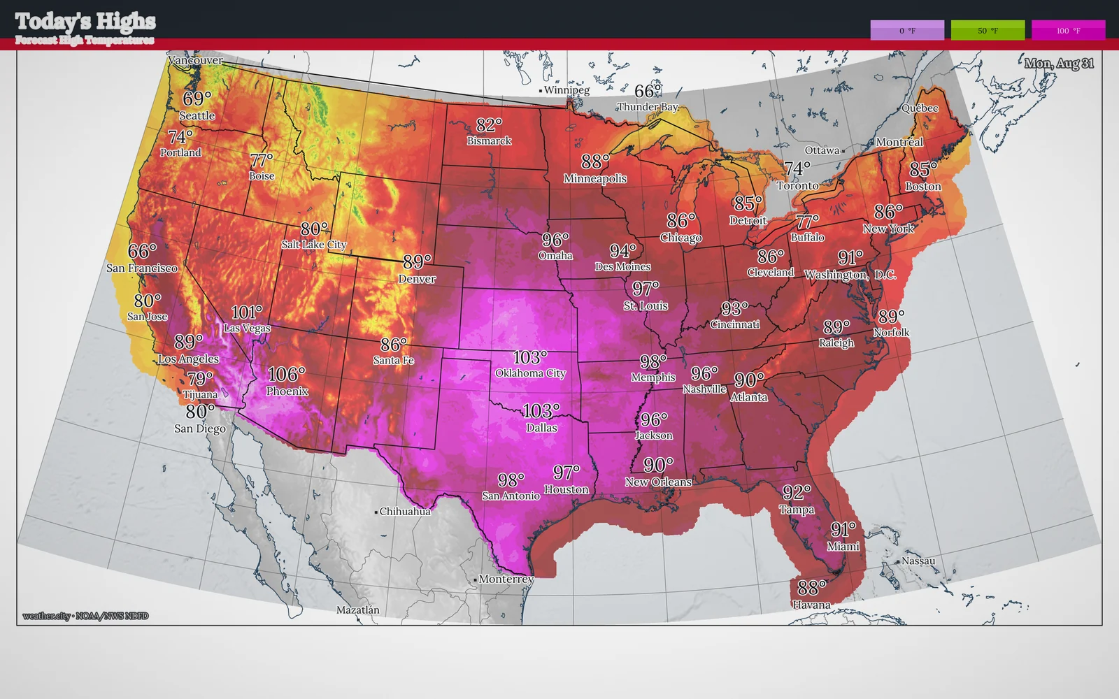 National forecast high temperatures